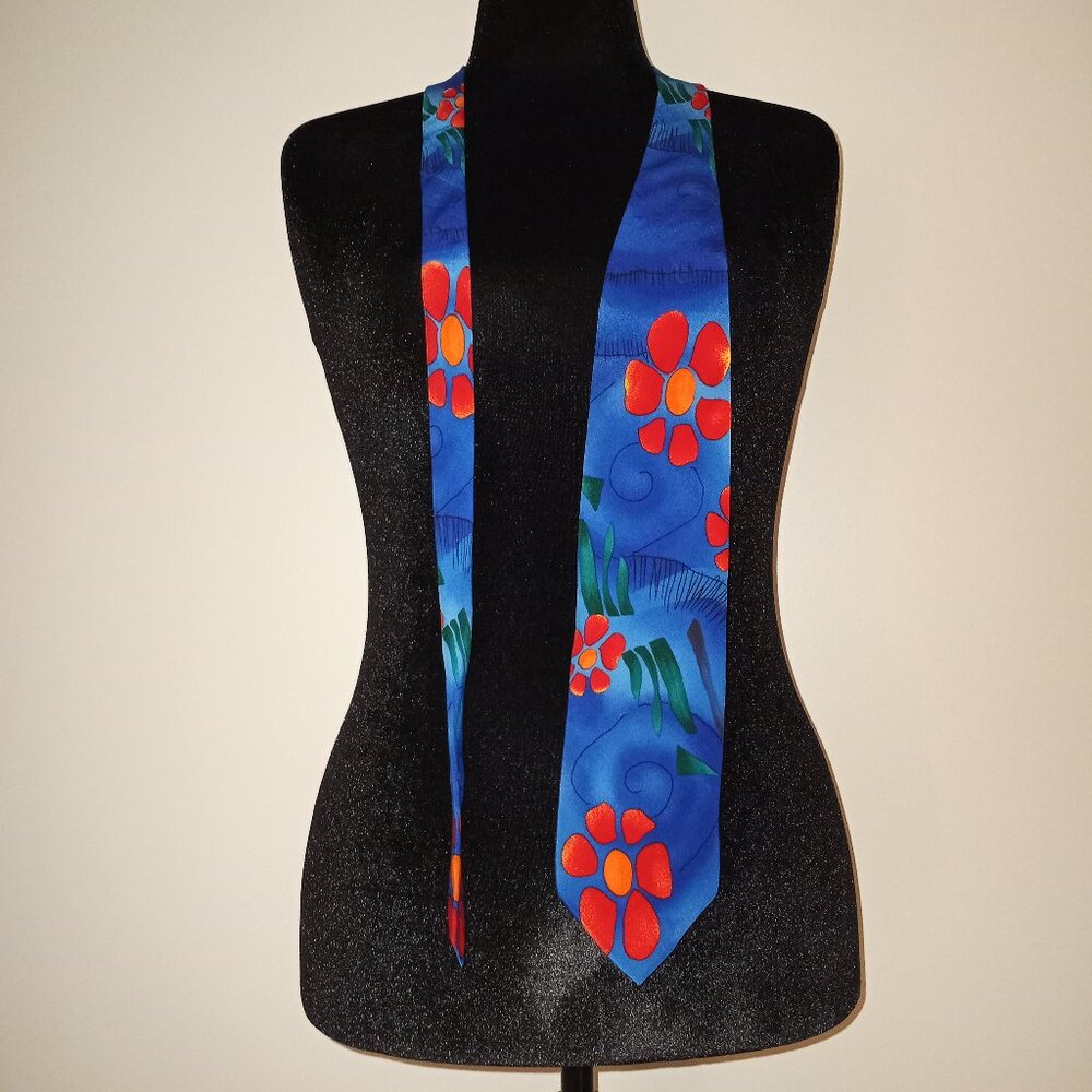 FUNKY BOLD TROPICAL PRINT FLORAL BLUE RED SILK TIE